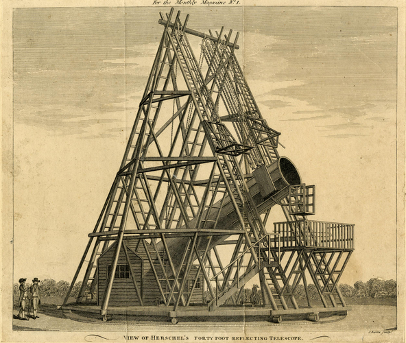 Herschel's telescope, Barlow: Print made by Barlow, depicting a view of Herschel's telescope showing the revolving base and system of winches and pulleys on the supporting scaffolding; two men standing to left, giving sense of scale.
