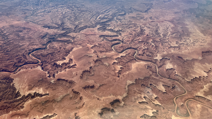 A view of Canyonlands: Aerial photo of the Canyonlands region in Utah, showing the confluence of the Colorado and Green rivers