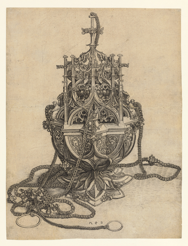 The Censer, Martin Schongauer: Late fifteen century engraving of a censer from Schongauer, a detailed, naturalistic rendition of a goldsmith's work