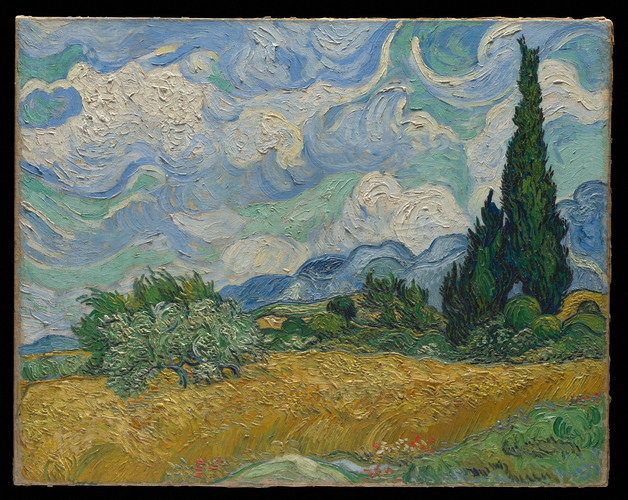 Wheat Field with Cypresses, van Gogh: Summer landscape painting from 1889 showing fields, trees, and the sky with the clouds characteristic from van Gogh