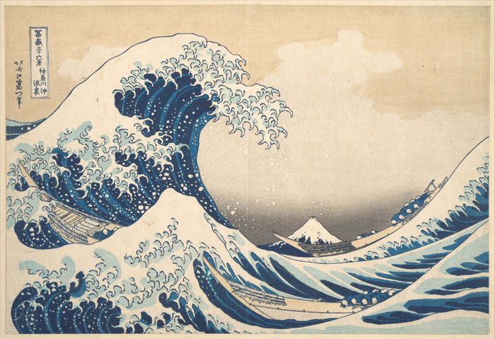 The Great Wave, Hokusai: woodblock print from the Thirty-six Views of Mount Fuji from Hokusai, ca. 1830, showing a great wave with mount Fuji in the background