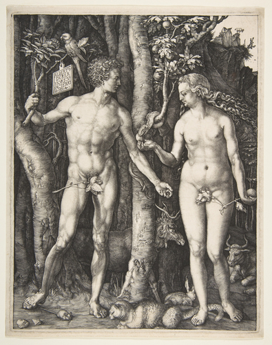Adam and Eve, Dürer: Dürer's 1504 engraving of Adam and Eve, with nature in the background