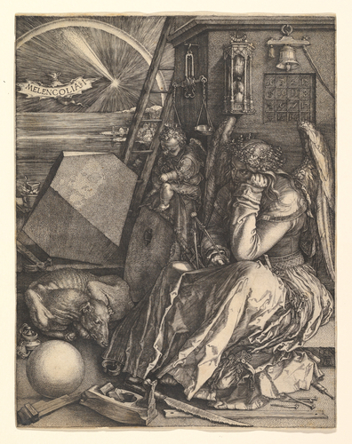 Melancholia, Dürer: One of Dürer's master engravings from 1513-14, the winged personification of Melancholy, seated dejectedly, holds a caliper and is surrounded by other tools associated with geometry.