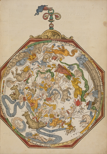 Astronomicum Caesareum, Michael Ostendorfer: from a 1540 renaissance manual explaining the use of the astrolabe, this drawing depicts the constellations from a perspective centered in the North pole