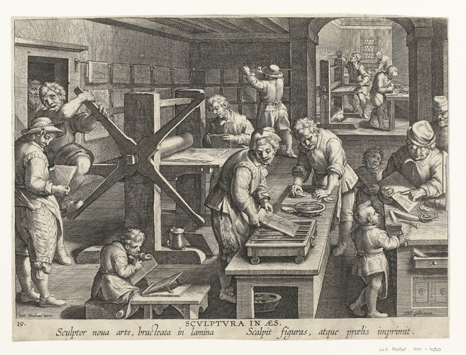 Production of Copper Engravings, Galle: engraving of a workshop with people preparing copper etchings, from the workshop of Galle, around 1590s