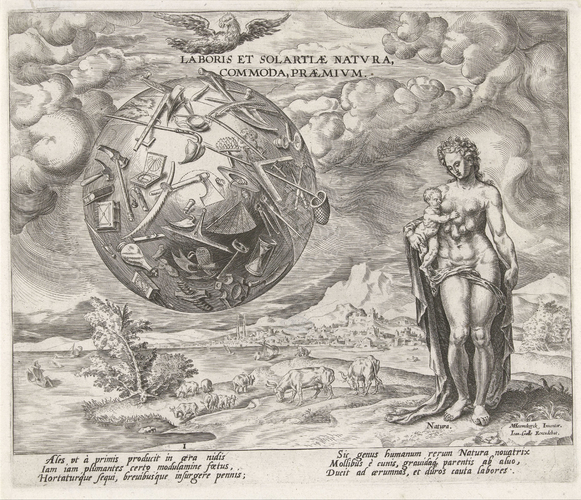Natura, Galle: allegorical engraving of Diana of Ephesus with a globe with different tools, from the workshop of Galle