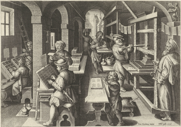 Printing press, Galle: engraving of a workshop with people working on a printing press, from the workshop of Galle, around 1590s