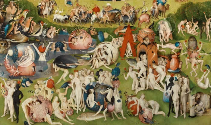 Garden of the Earthly Delights, Bosch: Detail of the Garden of Earthly Delights, a fantastic painting from Hieronymus Bosch depicting the Paradise, the Garden of Earthly Delights, and Hell